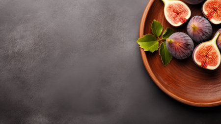 figs for food showcased in a wooden bowl on a dark background. the minimalist style of the objects, with a combination of green and gray, creates an advertisement-inspired aesthetic. the photo captures the essence of minimalist backgrounds and extravagant table settings, with a color palette of dark beige and gray. the innovative page design adds a touch of uniqueness to the overall composition. ai generatedの素材