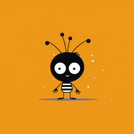 a bee with arms is depicted on a vibrant yellow background, inspired by the artistic style of skottie young. the minimalist black and white design captures the essence of alien worlds, reminiscent of bill watterson's imaginative creations. the color palette of dark gray and orange adds a touch of intrigue to this charming illustration, available under the creative commons attribution license. ai generatedの素材