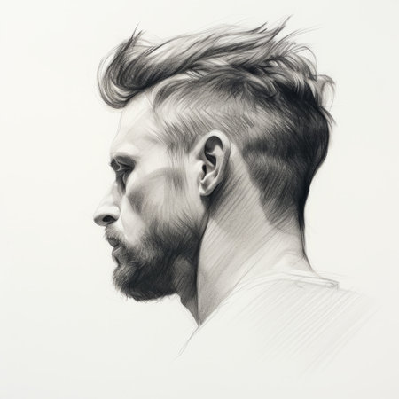 a man's portrait is depicted in this vector illustration, showcasing the precisionist art style of realistic graphite drawings. the use of volumetric lighting adds depth and dimension to the artwork. inspired by the helsinki school, this piece captures the realistic depictions of the human form. shot with a fujifilm x-t4, the artwork incorporates jump cuts for a dynamic composition. ai generatedの素材