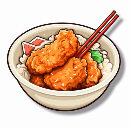 an animated chinese chicken, depicted in a bowl with chopsticks, showcases a unique fusion of furry art, animecore, and 2d game art. this creative commons attribution piece features a shaped canvas, capturing the essence of grocery art with its bold color fields. ai generatedの素材