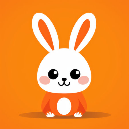 a cute bunny wearing sunglasses sits on an orange background, showcasing rounded forms and a streamlined design. the bunny's detailed costume incorporates chinese iconography, while the bright color blocks create a vibrant and eye-catching composition. the overall aesthetic is clean and simple, with a focus on bold and contrasting dark orange and white elements. ai generatedの素材