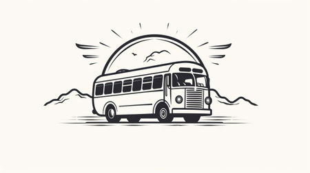 a retro bus icon is depicted in this photo, showcasing a unique blend of artistic styles. the monochrome landscape and art nouveau influences are evident in the organic flowing lines. the image also incorporates iconic civil rights imagery, adding a powerful message. the supernatural realism and woodcut-inspired graphics further enhance the visual impact. the large-scale composition captures a sense of speed and motion. ai generatedの素材