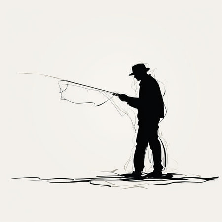 a sketch of a man fishing, depicted in a vector illustration with the distinct style of threadbare abstractions. this artwork showcases gritty elegance and striking contrasts between light and shadow. created by a minimalist graphic designer, the flowing fabrics of the man's attire are beautifully captured in wire-like strokes. the overall composition exudes a captivating ambrotype effect. ai generatedの素材