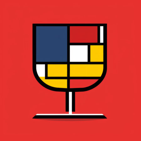a wine glass featuring a vibrant, de stijl-inspired drawing on a bold red background. the illustration showcases blocky, historical influences with minimalistic portraits. this mass-produced object combines revived historic art forms, with yellow and crimson hues adding to its visual appeal. ai generatedの素材