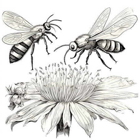 handmade illustration of a bee and flower, featuring bees in a monochromatic style. the highly detailed figures are depicted from a birds-eye-view, showcasing expressive gestures and detailed shading. this illustration captures the psychological phenomena of bees and flowers in a visually stunning and high-resolution manner. ai generatedの素材