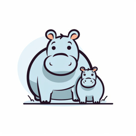 a vector cartoon image of a mother and baby hippopotamus, featuring bold line work and simplistic characters. the style is a combination of dark white and light azure colors, creating a visually striking contrast. the image is in uhd resolution, with rounded shapes and strong facial expressions, capturing the essence of the cartoon mis-en-scene. ai generatedの素材
