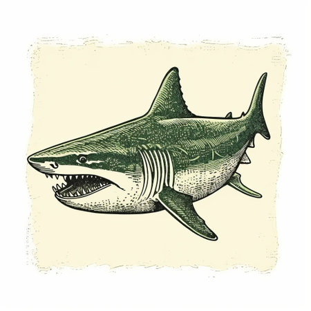 the eagle ray shark graphic features a strong facial expression and is set against a vibrant green background. created in the style of detailed ink drawings, this vintage poster-inspired artwork showcases a dark white and light green color palette. with a rough texture and a touch of algeapunk, this humorous piece exudes a unique and captivating tone. ai generatedの素材