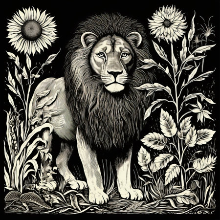 a lion is depicted in a captivating abstract art painting set in shady woodlands. the artwork showcases intricate black and white illustrations, featuring detailed character design reminiscent of wood engravings. the painting also incorporates elements of realistic anamorphic art, with a focus on detailed flora and fauna. the overall composition evokes the aesthetic of iconic album covers and detailed character illustrations. ai generatedの素材