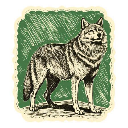 a vintage-style illustration of a wolf, depicted in a square shape, surrounded by an oak tree and lush green foliage. the image showcases intricate crosshatching, giving it a detailed and historical feel. the color palette consists of light yellow and dark green, adding to the vintage aesthetic. this illustration captures the essence of caninecore. ai generatedの素材