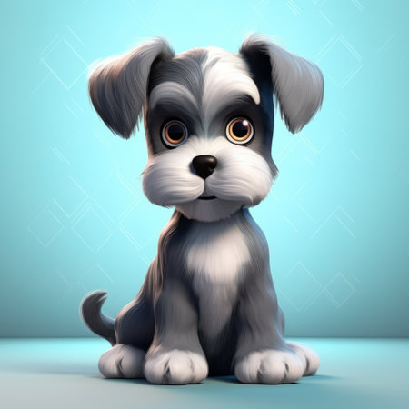 a small grey and white schnauzer dog is captured in this photo against a vibrant blue background. the image showcases the dog's adorable features, resembling charming anime characters and childlike illustrations. rendered in cinema4d, the soft-focus technique adds a dreamy touch to the picture. the dog's appearance is reminiscent of carved animal figures, with a blocky yet endearing aesthetic. ai generatedの素材