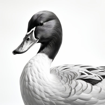 the head of a duck, in the style of james bullough, is depicted on a white background. this high contrast black and white photo showcases the realistic painted still life. with an 8k resolution, it captures the intricate details reminiscent of george stubbs' work. this national geographic photo resembles detailed character illustrations. ai generatedの素材