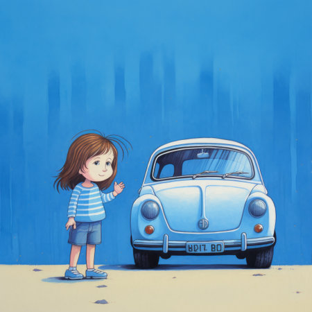 a cartoon girl sits in a car on a hill, depicted with photorealistic detail. the illustration showcases a light indigo and white color palette, reminiscent of children's book illustrations. the emotional portraiture and figurative realism bring the scene to life. the girl and car are creatively composed of insects, giving a unique and whimsical touch. the artwork features a flat style with limited shading. aiの素材
