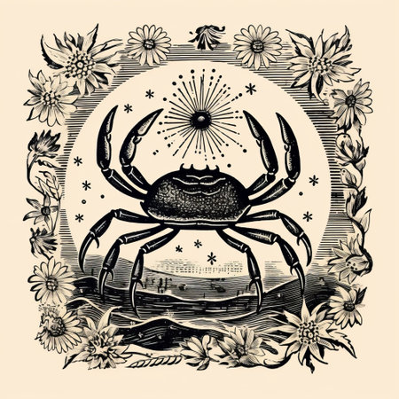 a black and white illustration of a crab, inspired by illuminated landscapes and vintage americana. the artwork features flower and nature motifs, with a color palette of light yellow and indigo. created in the style of kent monkman, the illustration incorporates elements of psychological phenomena and cosmic symbolism. ai generatedの素材