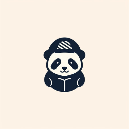 a person wearing a red hat holds a panda toy in this clean and simple design inspired by the international typographic style. the color palette consists of dark blue and light beige, complementing the simplicity of the artwork. the qian xuan logo is incorporated with simple line work in light black and light beige. ai generatedの素材