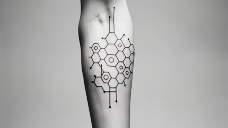 a black and white tattoo design featuring a molecule is captured in this technology-based art style photograph. the image showcases vibrant geometrics and a presentation of the human form. with selective focus and a touch of suburban ennui, this miniaturecore-inspired piece is enhanced by the unique technique of lith printing. ai generatedの素材