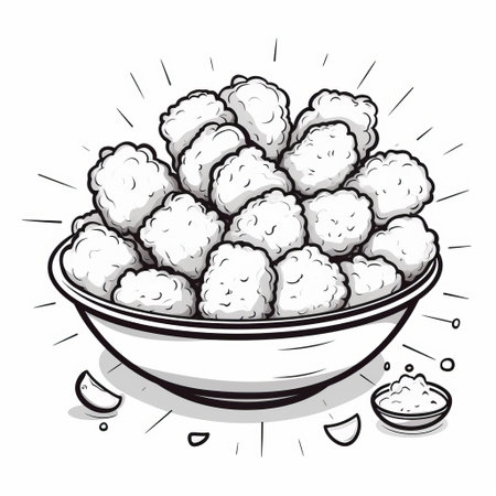 a bowl of chili cheese and salted bread is captured in a black and white drawing style, showcasing spiky mounds and radiant clusters. this photo represents the unique fusion of comiccore and traditional vietnamese cuisine, presented on a gigantic scale. the image exudes a distinct tupinipunk aesthetic. ai generatedの素材