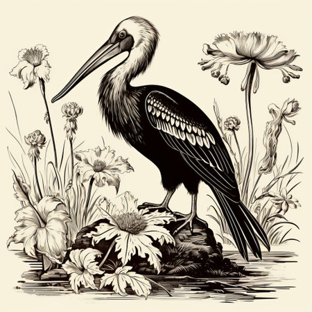 pelican perched on rocky terrain in a vintage black and white illustration, featuring a vintage etching design. the artwork showcases delicate flowers and intricate character illustrations, reminiscent of the style of martiros saryan. ai generatedの素材