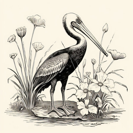 vintage engraving of a pelican surrounded by flowers, framed by stones. this high-contrast shaded illustration showcases a minimalist style, reminiscent of historical and scientific illustrations. the detailed character and intricate flower paintings add a touch of delicacy to this traditional landscape. ai generatedの素材