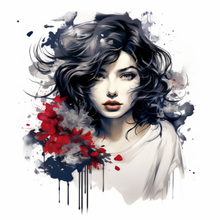 a modern art painting featuring a digital design that showcases the beauty of women in a manga style. the artwork captures the essence of realistic watercolor paintings with its fluid and loose brushstrokes. the dominant colors of dark blue and red add a captivating touch to this stunning illustration. ai generatedの素材