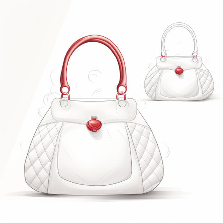 two white handbags with zipper and red and green handles, featuring clean and simple designs reminiscent of detailed sketching. the back button focus highlights the intricate crystal embellishments, while the clean line work adds a touch of elegance. the light red and light indigo colors create a visually appealing contrast, enhancing the personal iconography of these stylish handbags. ai generatedの素材
