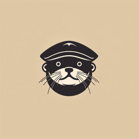 a london otter logo is featured on a beige background, resembling classic portraiture. the design incorporates industrial elements and a mischievous feline motif. the logo is presented in minimalist monochromes, with a strong facial expression. the image has a touch of soviet influence and is enhanced with a sabattier filter. ai generatedの素材