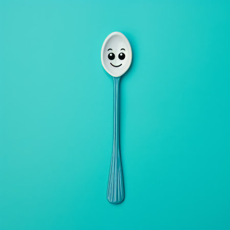 a playful cartoon-style spoon with a smiley face is featured on a turquoise background. this minimalist photograph captures the detailed character expression and playful lines of the spoon. the light gray and emerald colors add to the whimsical feel. the webcam photography technique enhances the toy-like proportions of the spoon. ai generatedの素材