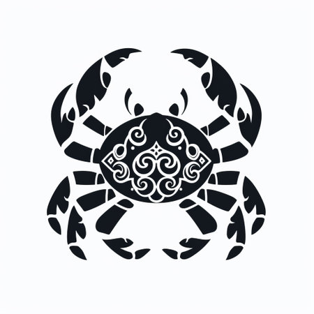 a black crab stands out in a captivating vector illustration featuring a geometric pattern. the artwork showcases elements inspired by calligraphic marks, ambrotype, chinese iconography, maori art, simplistic vector art, shaped canvas, and is captured in high quality. ai generatedの素材