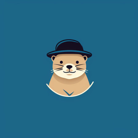 a cute little otter wearing a green hat is depicted in this minimalistic portrait. the dark azure and beige flat backgrounds give it a movie still-like feel. this wealthy portraiture captures the adorable otter in a low-resolution image, showcasing the artist's skill in depicting animals. ai generatedの素材
