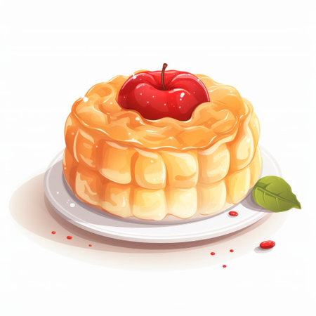 an illustration of a tart decorated with a red apple, featuring a creased, crinkled, and wrinkled style. the artwork is cute and colorful, depicting realistic landscapes with soft edges. the design incorporates elements of chinapunk and applecore, showcasing a fluid form inspired by traditional vietnamese aesthetics. ai generatedの素材
