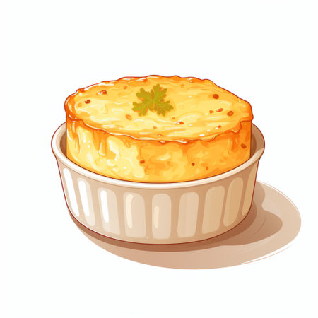 a white bowl with a stuffed cherry, made of cheese, is depicted in this colored cartoon-style illustration. the post-processing enhances the warmcore effect, resulting in clean and sharp inking. ai generatedの素材