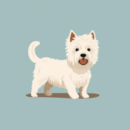 a white little dog is captured in a detailed character illustration on a vibrant blue background. the flat illustrations showcase the dog's adorable features, while spiky mounds add a touch of playfulness. the color palette includes light yellow and light maroon, creating a visually appealing contrast. the high definition image portrays the dog in dignified poses, reminiscent of the art style of romaine brooks. aiの素材
