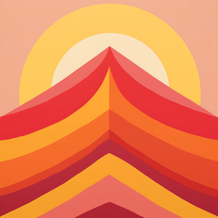 a mid-century style illustration featuring a multilayered composition of a pink and orange background. the image showcases a sun rising above mountainous vistas, creating a desertwave effect. the color palette includes light yellow and dark red, while the composition is characterized by piles and stacks, with a touch of minimalistic symmetry. ai generatedの素材