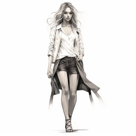 a detailed character design of a beautiful woman walking down the street is depicted in this drawing. the style showcases realistic rendering and fashion sketch elements, with a color palette consisting of dark white and light gray. the use of leatherhide, mono-ha, and creased textures adds depth and interest to the artwork. ai generatedの素材