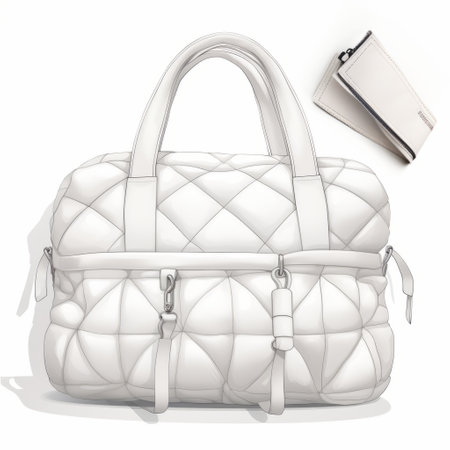 a photo featuring a collection of utilitarian objects including a black bag, a white leather wallet, and a quilted handbag. the image showcases realistic and hyper-detailed renderings of oversized objects in a monochromatic color scheme of light beige and gray. the composition includes light white and white elements, creating a visually striking display of these everyday items. ai generatedの素材