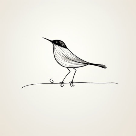 a small bird creating a sketch on a white surface with strong linear elements, graceful balance, and sketchy caricatures. the artwork features a combination of dark black and light beige colors, showcasing highly detailed and minimalistic landscapes with flowing lines. ai generatedの素材