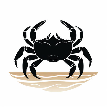 a detailed black and beige icon of a crab in water with waves. this bold graphic illustration showcases the silhouette figures of the crab, capturing its scientific and ultra-detailed features. perfect for collecting and various modes of display, this icon is reminiscent of wimmelbilder style illustrations. ai generatedの素材