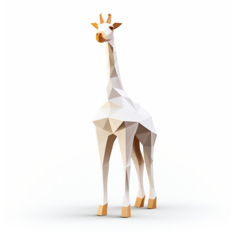 an abstract giraffe with an orange base stands out against a white background. this low poly style artwork features a combination of dark white and light beige tones. the hard surface modeling technique showcases pristine geometry, while bold structural designs add visual interest. the giraffe's color palette includes light white and light gold, evoking a sense of raw materials. ai generatedの素材