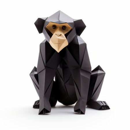 a stunning 8k national geographic photo captures the intense gaze of a paper sculpture origami chimpanzee. this unique artwork, inspired by the dark modernism style of piet hein eek, showcases the intricate craftsmanship and attention to detail. the intense gaze of the sculpture, reminiscent of the works of david nordahl and franz marc, adds a captivating element to this mesmerizing image. ai generatedの素材