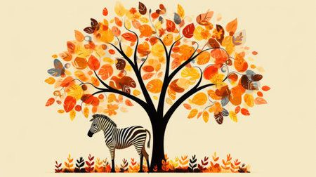 a silhouette of a zebra stands gracefully beside an orange tree, creating a captivating scene. this artwork showcases colorful drawings with decorative backgrounds, incorporating leaf patterns and a mix of realistic and fantastical elements. the mosaic composition adds an intriguing touch, while the horizontal stripes and large canvas sizes enhance its visual impact. ai generatedの素材