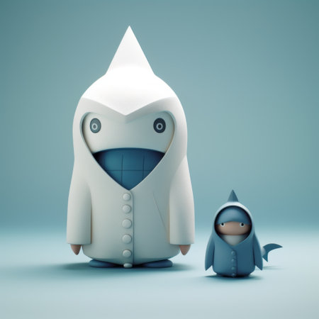 two toy figures with hoods on, rendered in cinema4d, showcase a whimsical character design by shilin huang. the dark white and cyan color scheme adds a touch of mystery to these avian-themed figures. with elements of religious iconography, this unique artwork by bill gekas is both captivating and intriguing. ai generatedの素材