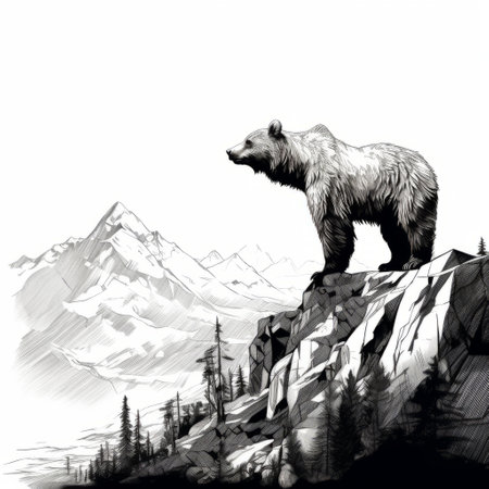 a bear standing on a cliff, gazing at the majestic mountains. this detailed line-work illustration showcases high-contrast realism and precisionist art. the dark white and brown tones add depth to the image, while the detailed background elements enhance the overall composition. this political illustration captures the bear's powerful presence in its natural habitat. ai generatedの素材