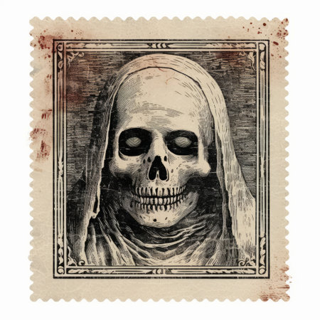 the photo showcases a stamped back cover featuring a skull and crossed ashes. the design is reminiscent of matte photos, nostalgic illustrations, and digital illustrations. it incorporates layered portraits and rough-edged 2d animation, evoking a halloween vibe. the imagery also draws inspiration from carved religious icons. ai generatedの素材