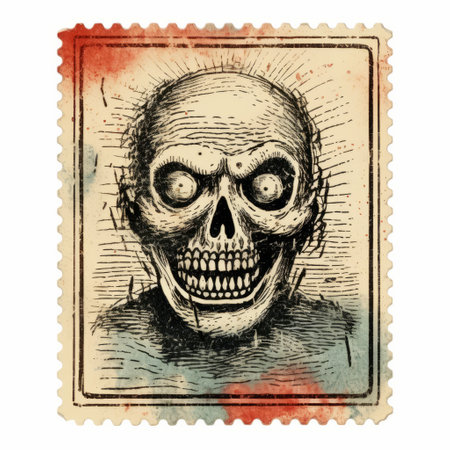 vintage postage stamp featuring an aggressive digital illustration of a skeleton figure. the simplified and stylized portrait showcases a blend of light indigo and red tones. the design draws inspiration from necronomicon illustrations, incorporating elements of harsh realism and inkblots. ai generatedの素材