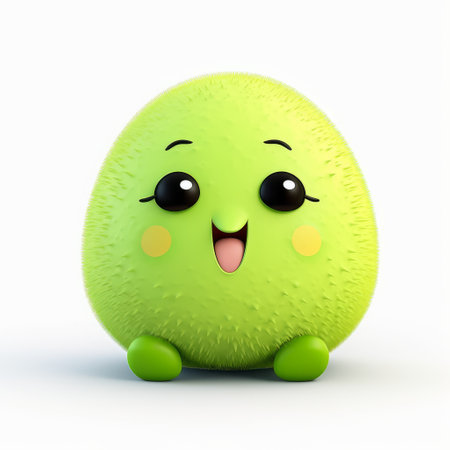 a cute green egg with a smile, rendered in cinema4d, featuring spiky mounds. this kawaii uhd image showcases charming character illustrations with a light pink and yellow color scheme. the egg's strong facial expression adds to its adorable appeal. ai generatedの素材