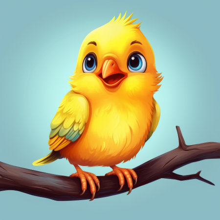 a cartoon yellow bird perched on branches against a vibrant blue background. this detailed character illustration, reminiscent of lilia alvarado's style, captures the charm of 2d game art. the bird's vibrant colors and intricate details bring to mind the works of kevin hill and lisa frank. the illustration also showcases a realistic depiction of light, adding depth and dimension to the scene. ai generatedの素材