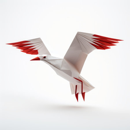 an origami seagull model, rendered in the style of octane render, showcases a white color palette with hints of light red and maroon. the elegant inking techniques bring out the expressive character design, while the precisionist lines and shapes add a touch of sophistication. this uhd image captures eye-catching details of the origami seagull. ai generatedの素材