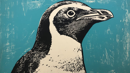 a white penguin is depicted in this acrylic painting, set against a vibrant blue background. the penguin's face and ridges are adorned with intricate blue lines, reminiscent of black-and-white block prints. this artwork draws inspiration from the art of tonga, featuring a combination of dark brown and teal hues. the close-up composition and detailing evoke the essence of victorian engravings, with a touch of influenceの素材