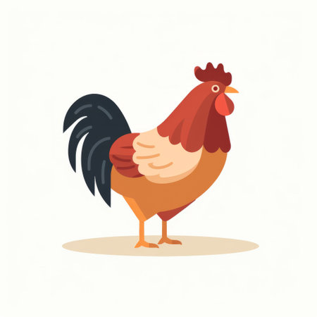 a rooster stands confidently on a white background, showcasing bold graphic illustrations in the style of flat illustrations and traditional animation. the rooster's color palette consists of dark gray and light brown, creating a visually striking image. ai generatedの素材