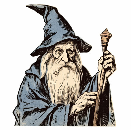vintage wizard with a staff vector original ink drawing, hand-drawn illustration by john howe. this realistic artwork showcases detailed facial features, emotive expression, and skillful usage of light and color. the woodcut style adds a touch of nostalgia to the illustration, with a beautiful combination of light gray and dark azure tones. ai generatedの素材