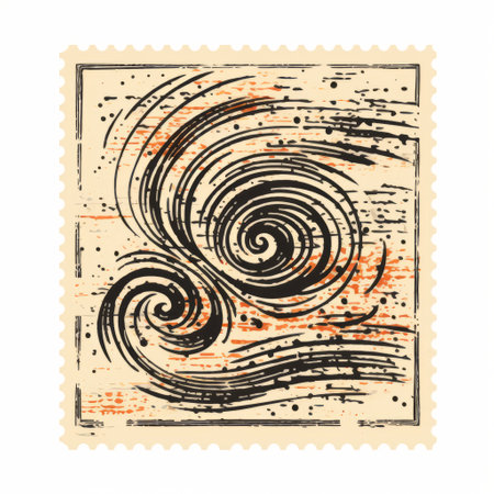 a stamp featuring a mid-century illustration style swirls painting. this simplistic vector art showcases rusty debris in light orange and light black hues. the design incorporates mythological imagery and colorful turbulence, reminiscent of historical illustrations. ai generatedの素材